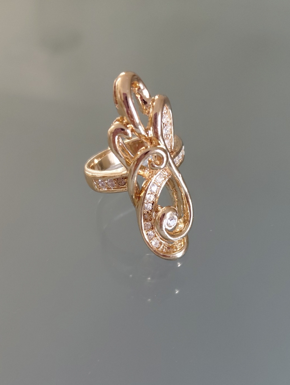 FJ Fallon Gold Tone CZ Scroll Statement Cocktail Ring Size 6.5